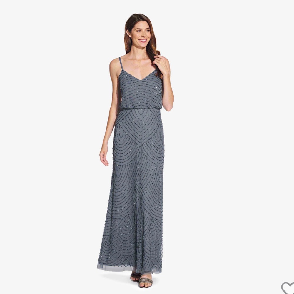Adrianna Papell ART DECO BEADED BLOUSON GOWN IN DUSTY BLUE, bridesmaids dress